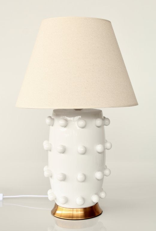 White Ceramic Knob Lamp Base With Brass Beige Shade