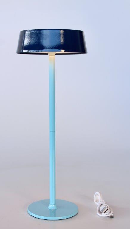 Pale Blue LED Table Lamp with Blue Saucer Shade