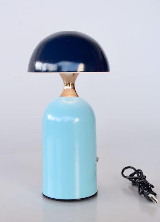 Pale Blue LED Table Lamp with Navy Dome Shade