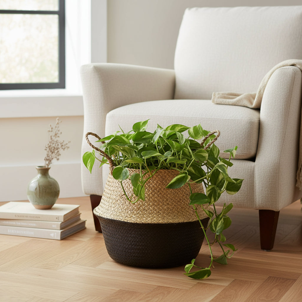 Woven basket with black base on a white background