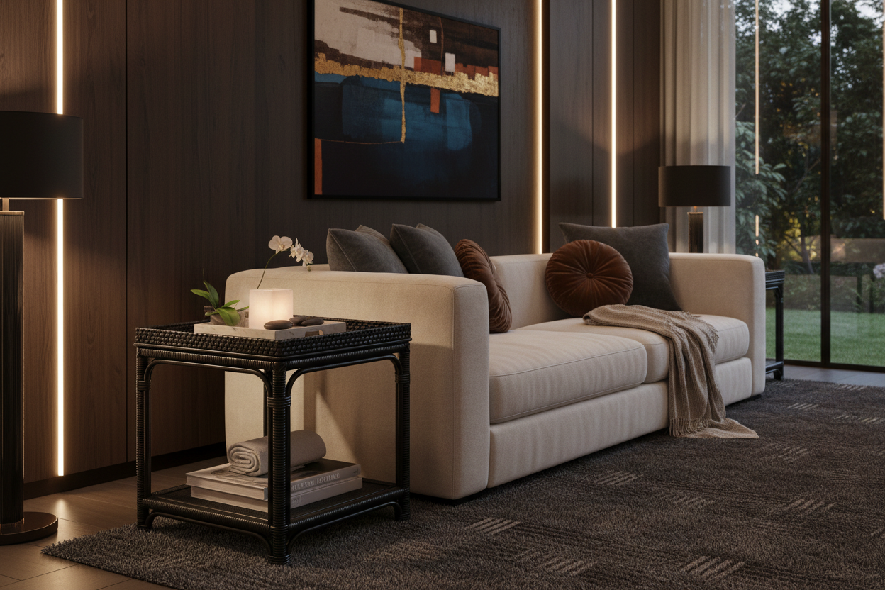 2 Tier Black Rattan Square Side Table