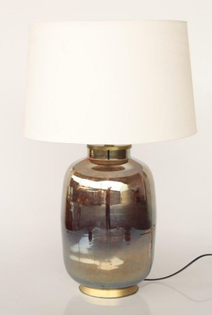 MULTI GOLD, SILVER & BLUE GLASS LAMP BASE OFF WHITE SHADE - NetDécor 