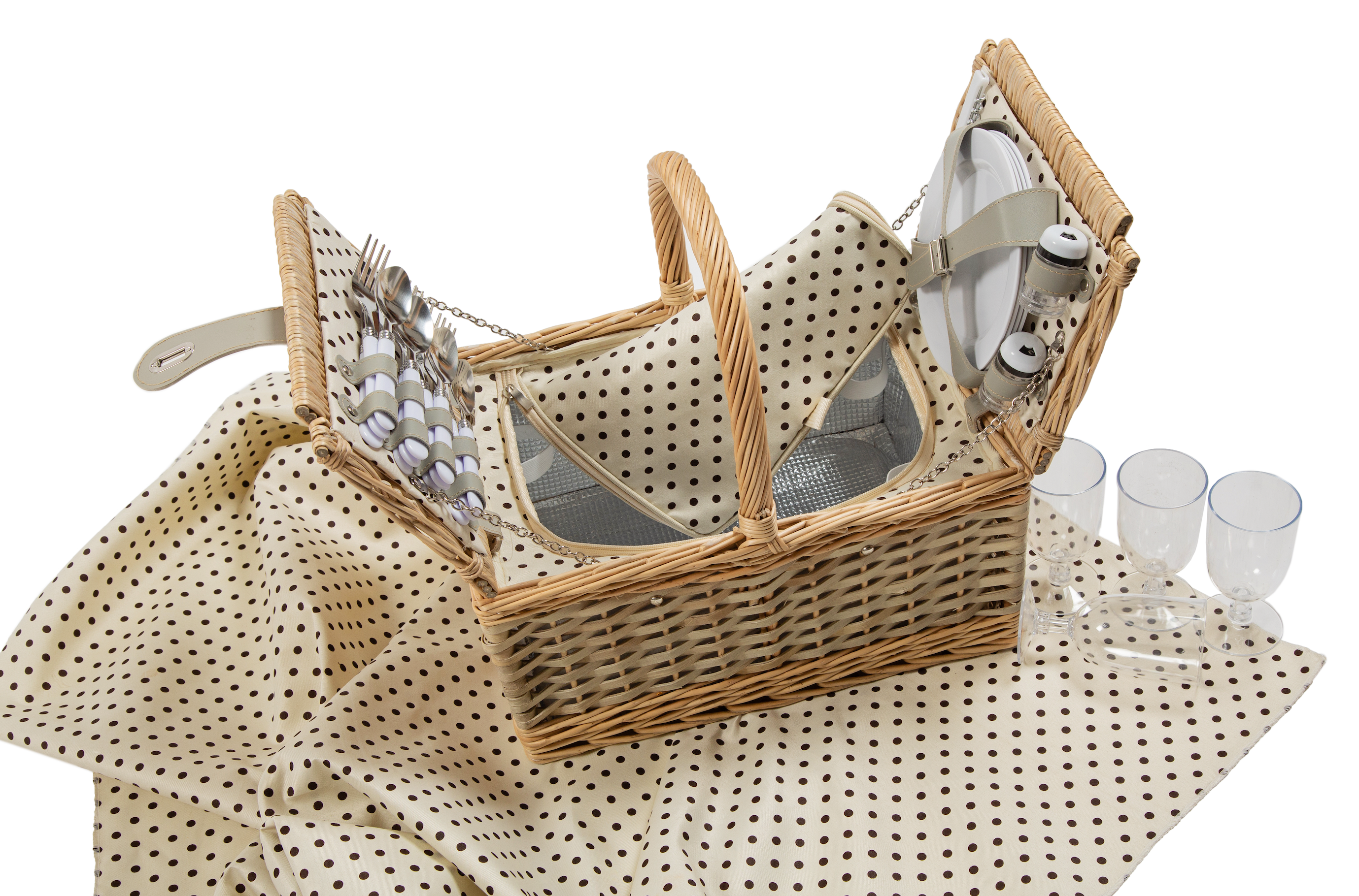 Polka Basket with Picnic Table Cloth for 4 people