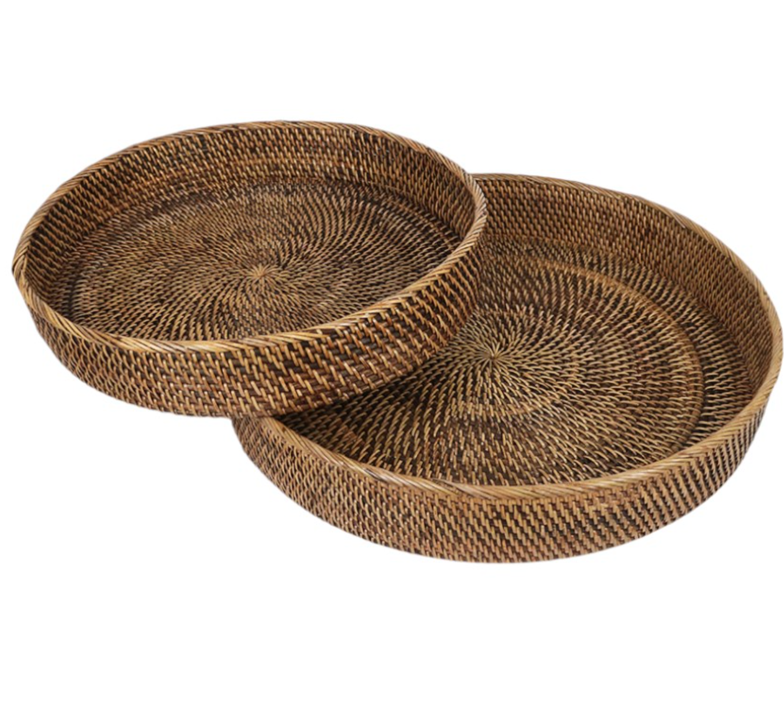 RATTAN TRAY ROUND SET OF 2 ANTIQUE