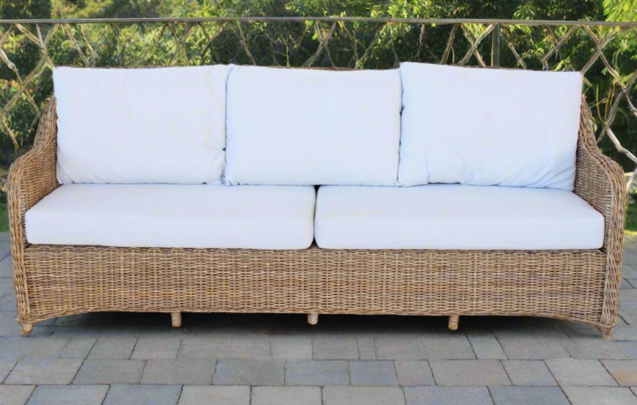 3.5 SEATER OUTDOOR CANE COUCH OFF-WHITE CUSHIONS
