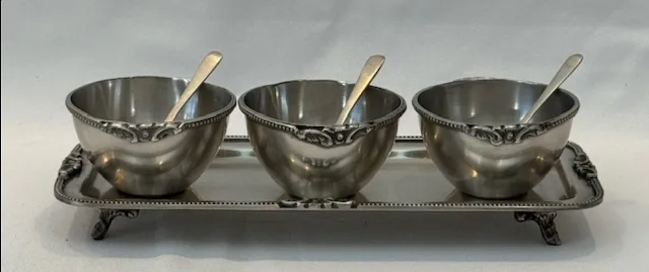 SALSA BOWLS ON TRAY WITH SPOONS VICTORIAN