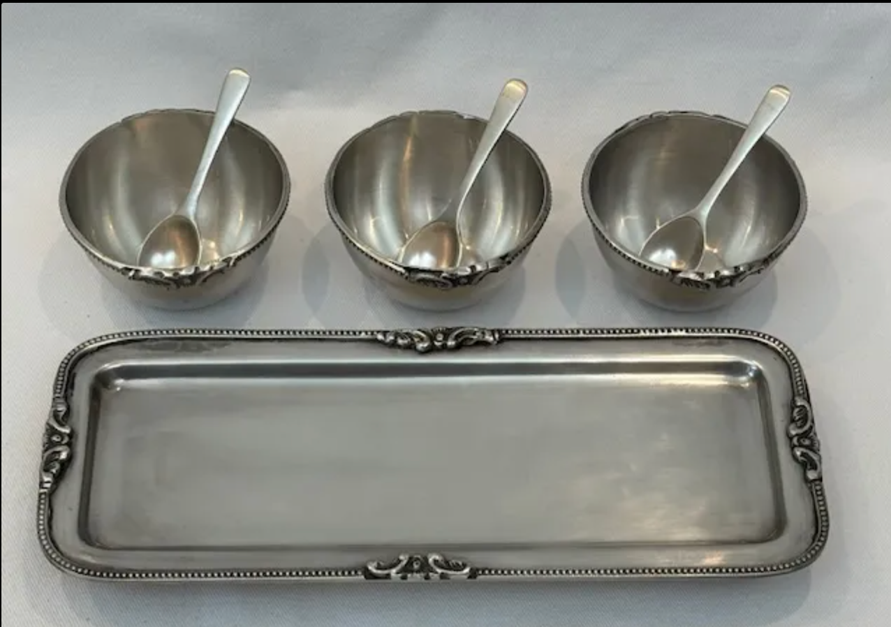 SALSA BOWLS ON TRAY WITH SPOONS VICTORIAN