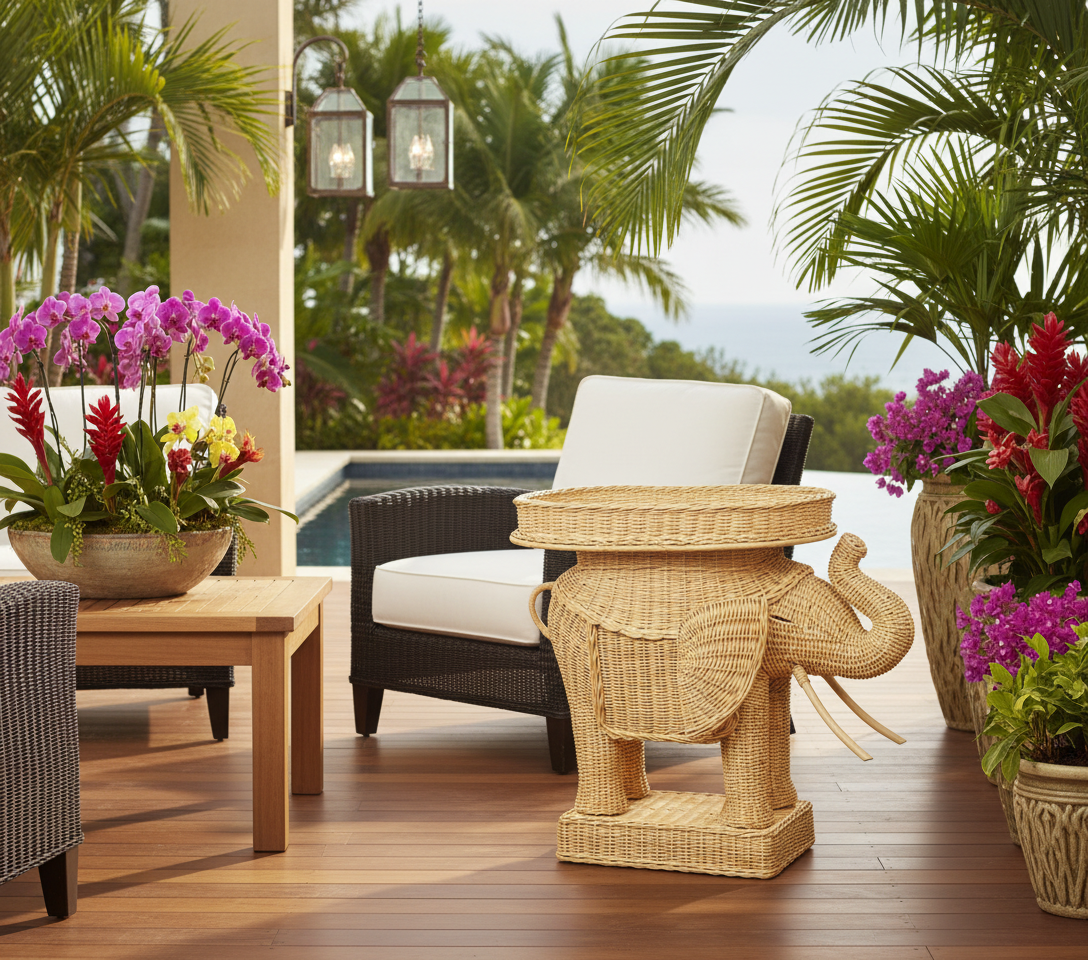 NATURAL RATTAN ELEPHANT SIDE TABLE