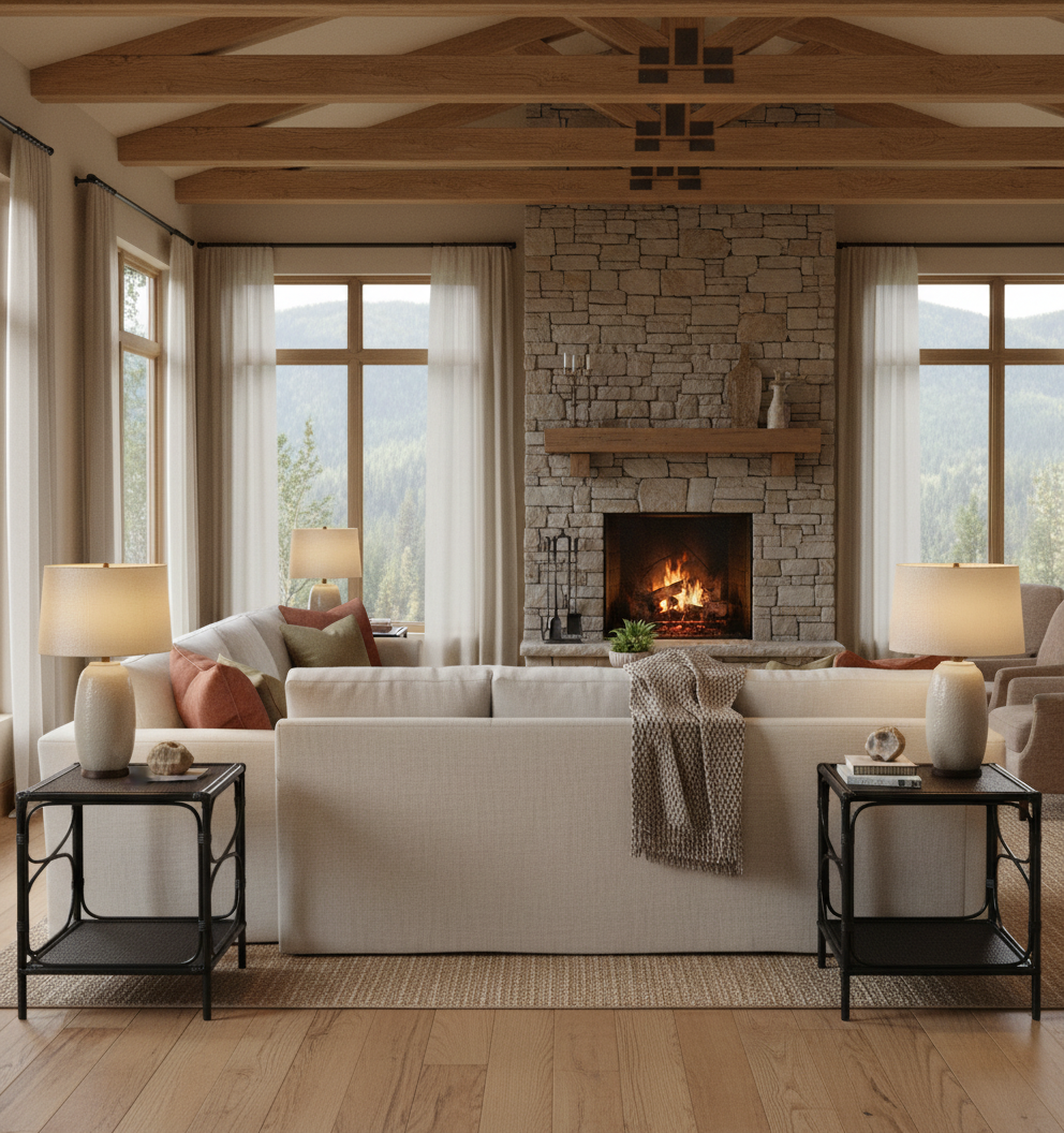 Black rattan side table on a white background