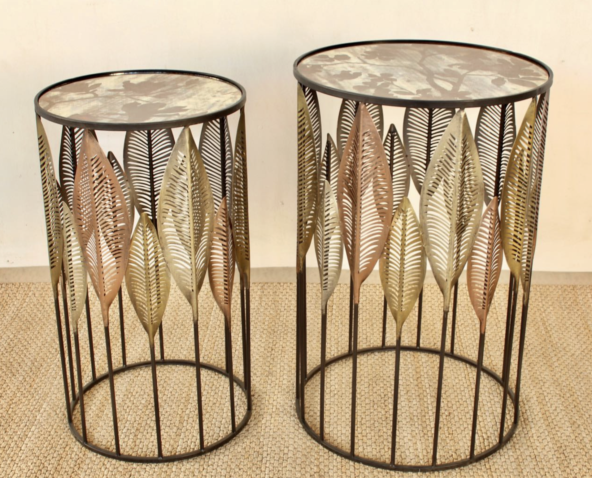SET OF 2 PALM LEAF MIRRORED TABLES