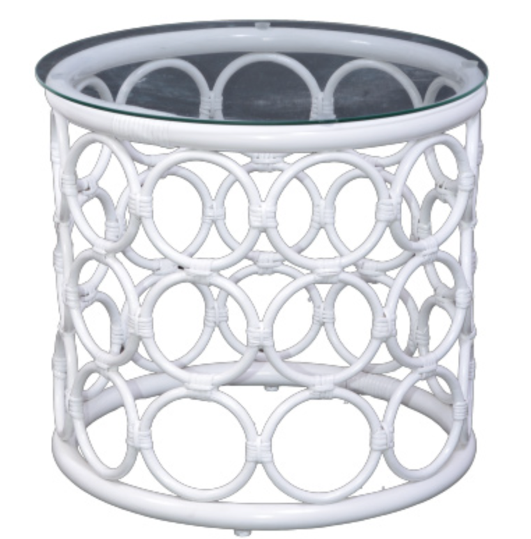 White Rattan Side Table With Glass