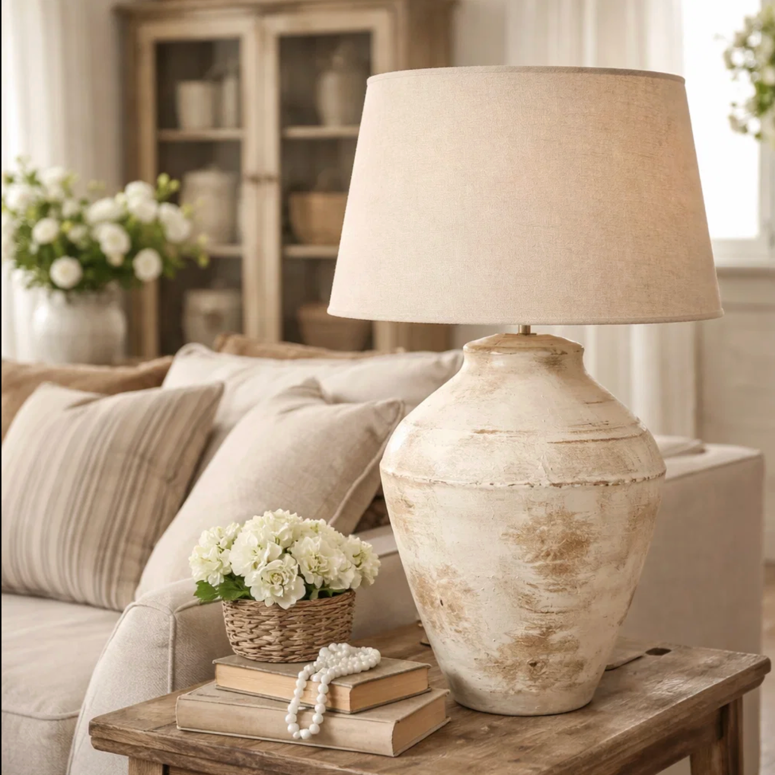 Natural Distressed Lamp Base with Beige Shade