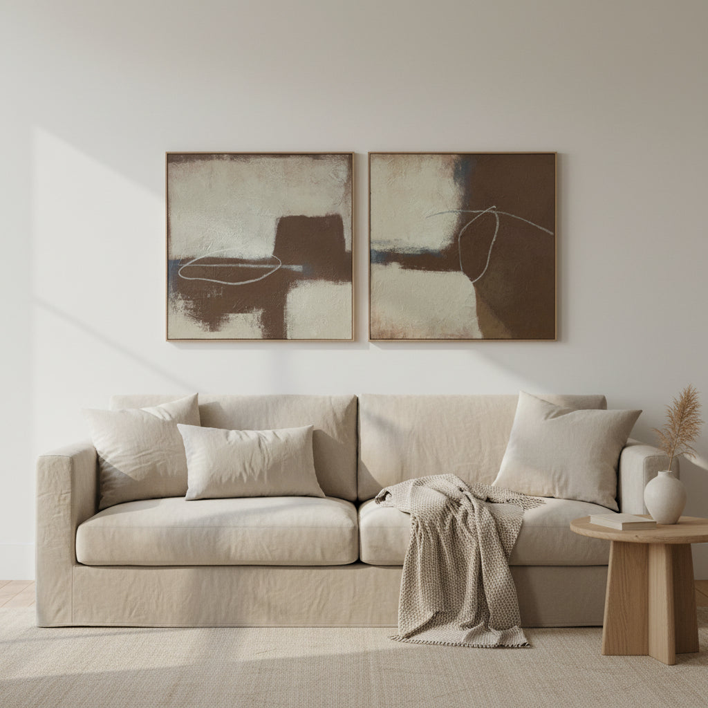 A pair of square abstract wall art panels in earthy brown, beige, and off-white tones, displayed side by side against a plain white background.
