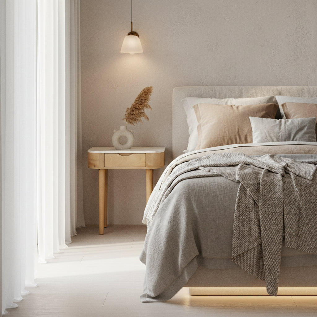 Wooden side table with marble top on a white background