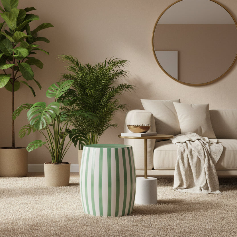 Striped green and white stool on a light blue background