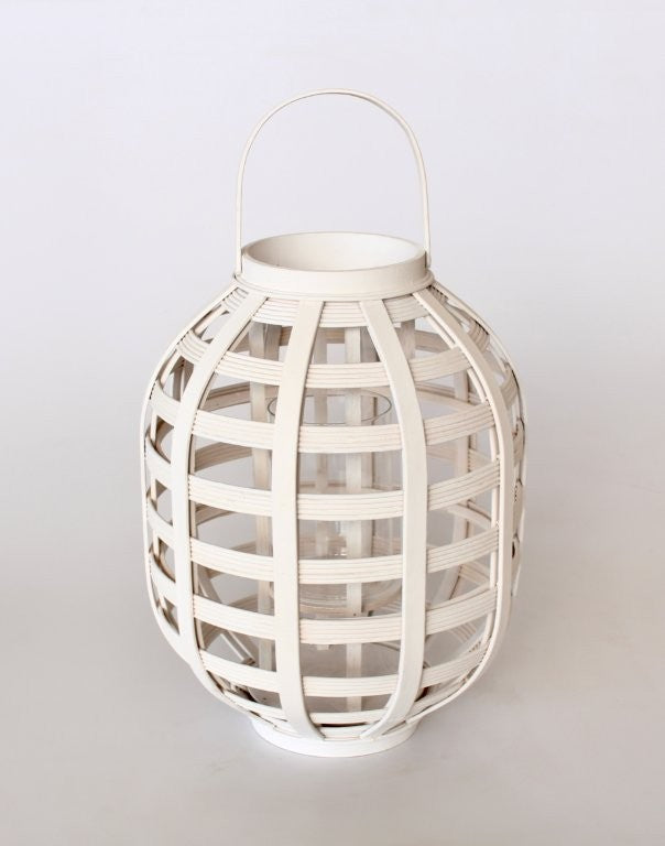 White Bamboo Lantern with Glass and Handle