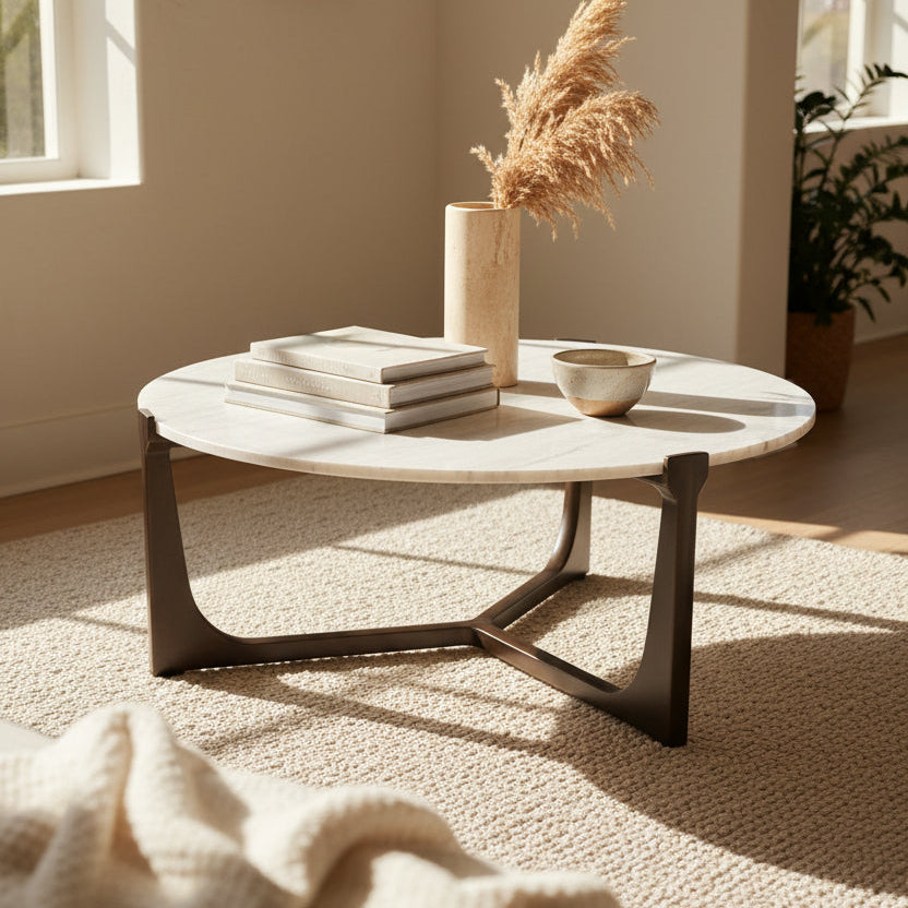 Round coffee table with white marble top and brown wooden frame on a white background