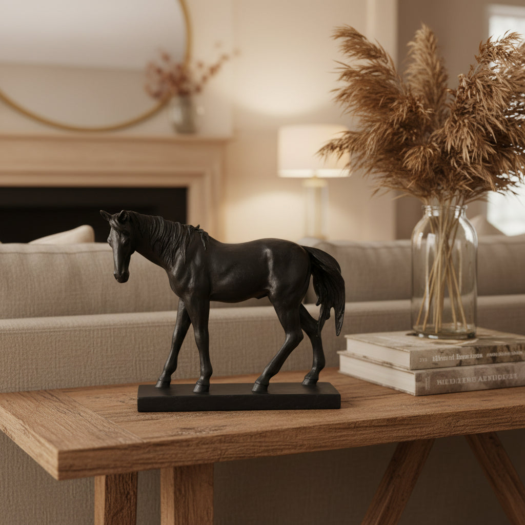 A dark bronze-finished sculpture of a walking horse standing on a rectangular base, placed on a wooden tabletop against a textured green wall.