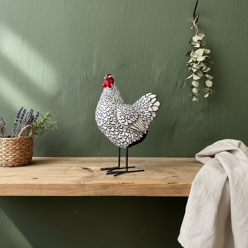 A decorative rooster figurine with a black and white scalloped feather pattern, a bright red comb, and black metal legs, standing on a rustic wooden surface against a textured olive green wall.