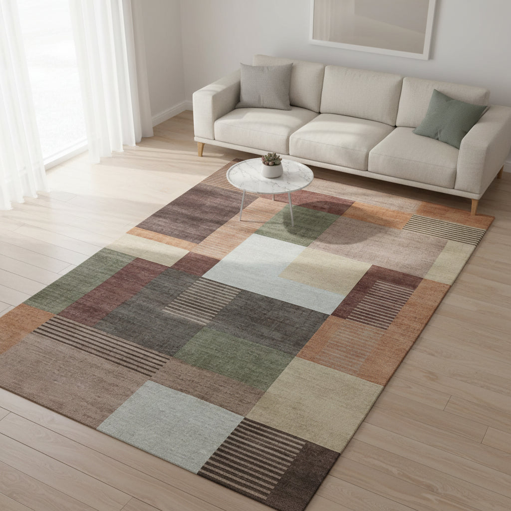A square area rug with a patchwork design of geometric blocks in muted earthy tones including beige, brown, rust orange, sage green, gray, and off-white, some of the blocks featuring horizontal stripe patterns.