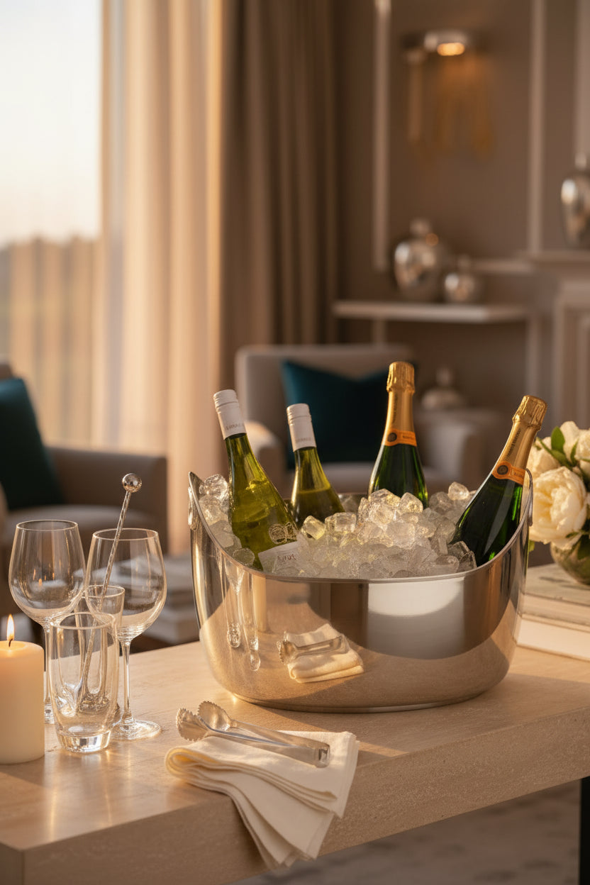 A stainless steel ice bucket filled with clear ice and four wine or champagne bottles, photographed against a plain light background.