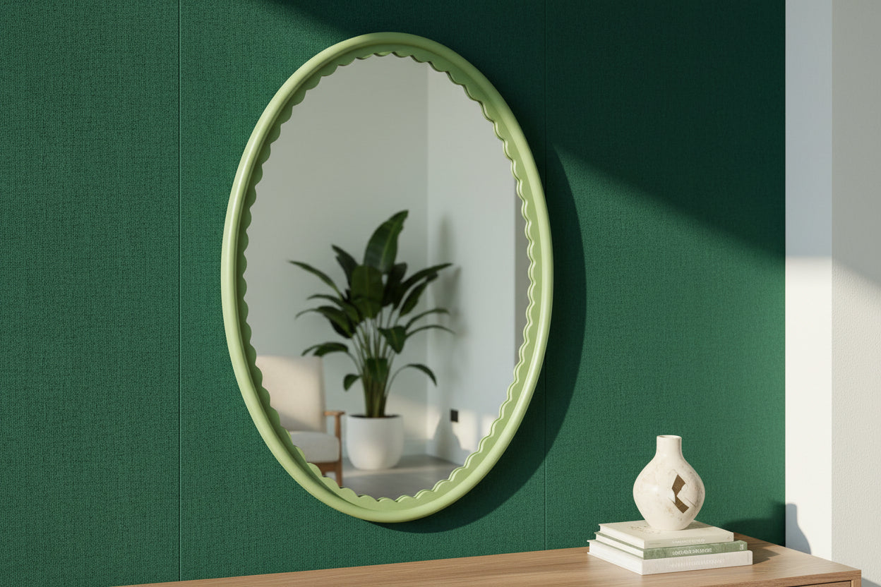 Oval mirror with a green frame on a light blue wall, reflecting steps and plants.