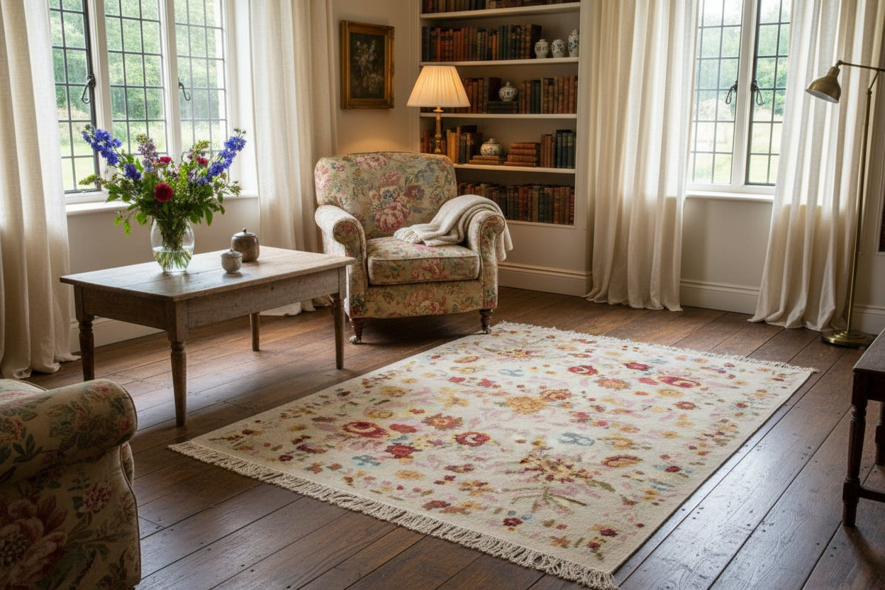 A rectangular cream-colored area rug with a dense, multicolor floral pattern and fringed edges, laid flat on a gray concrete floor.