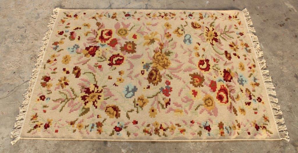 WOOL & COTTON BEIGE MULTI-FLORAL RUG