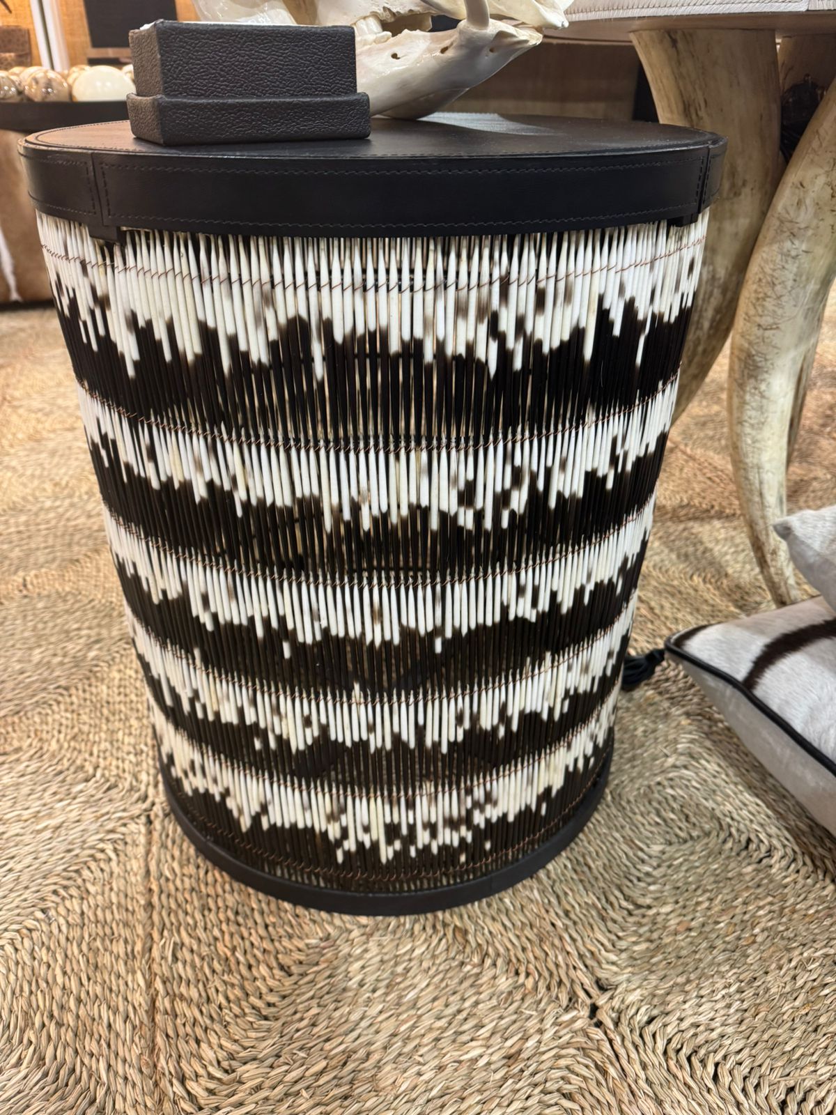 Porcupine Quill and Leather Side Table