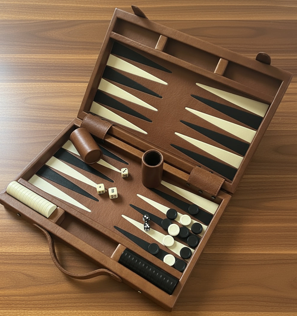 Black, Brown and Tan Genuine Leather Backgammon Board