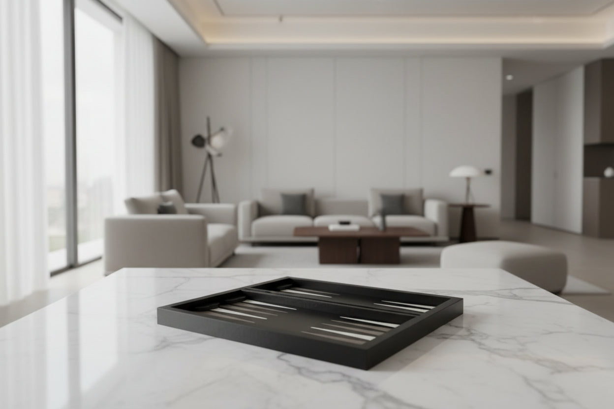 Black with Stone & Grey Genuine Leather Backgammon Board