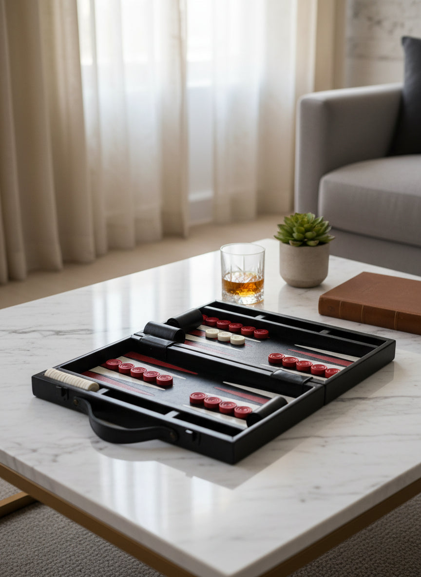 Black with Red and Cream Genuine Leather Backgammon Board