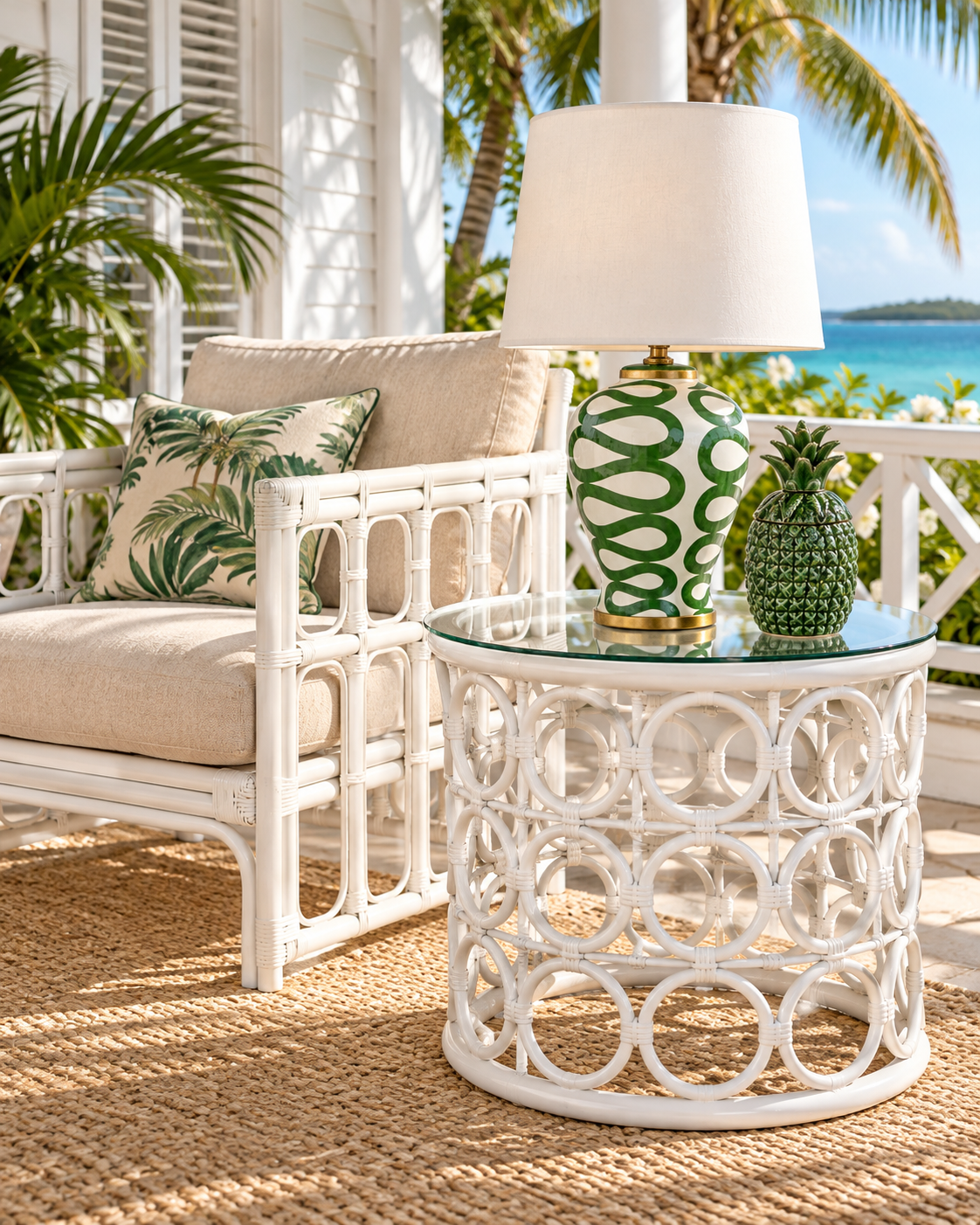 White Rattan Side Table With Glass