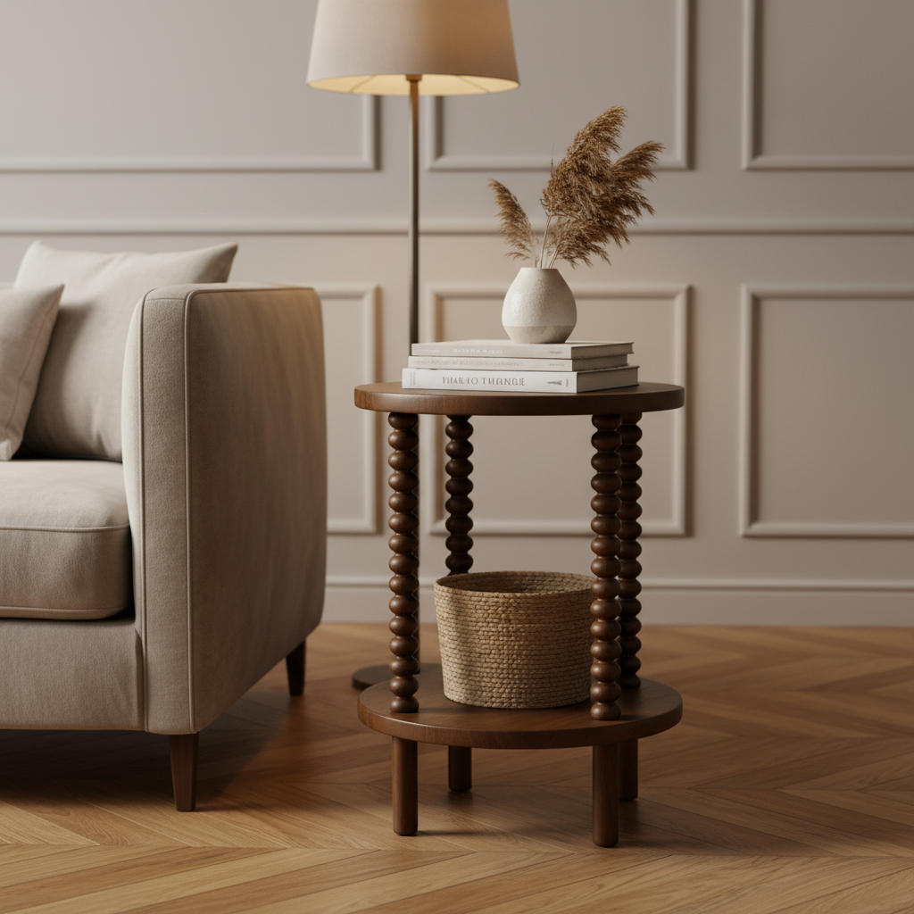 Wooden side table with spiral legs on a white background