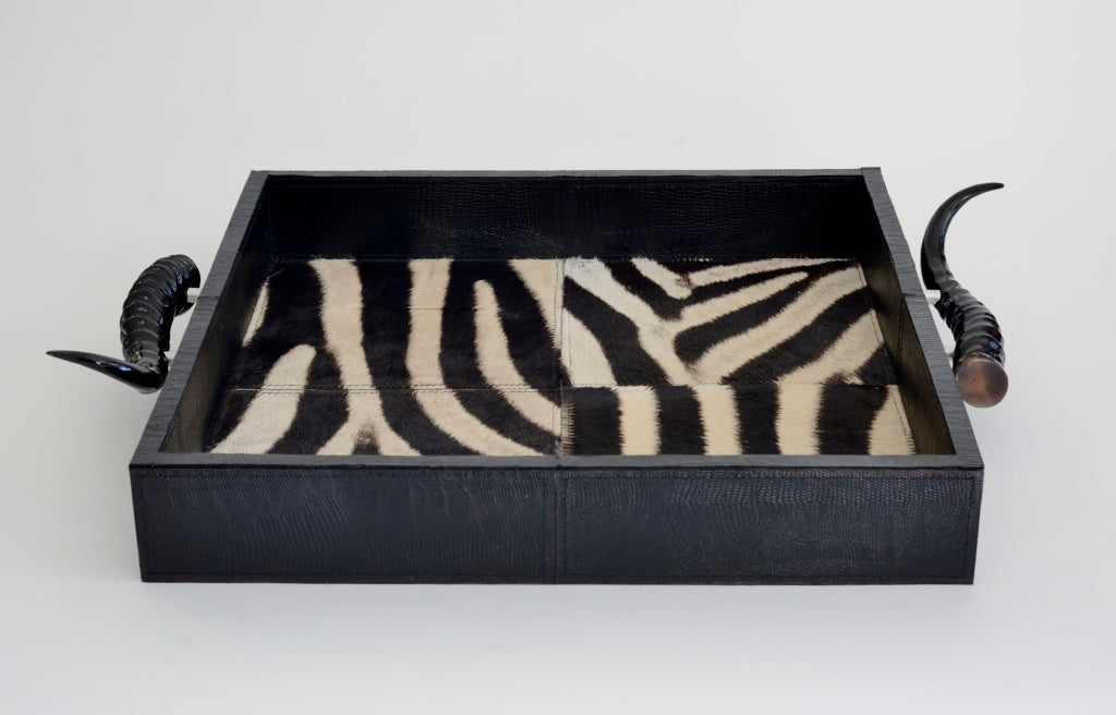 Square zebra inlay tray with springbok handles