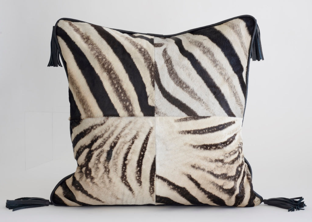Zebra quater Panel cushion with leather trim and tassles