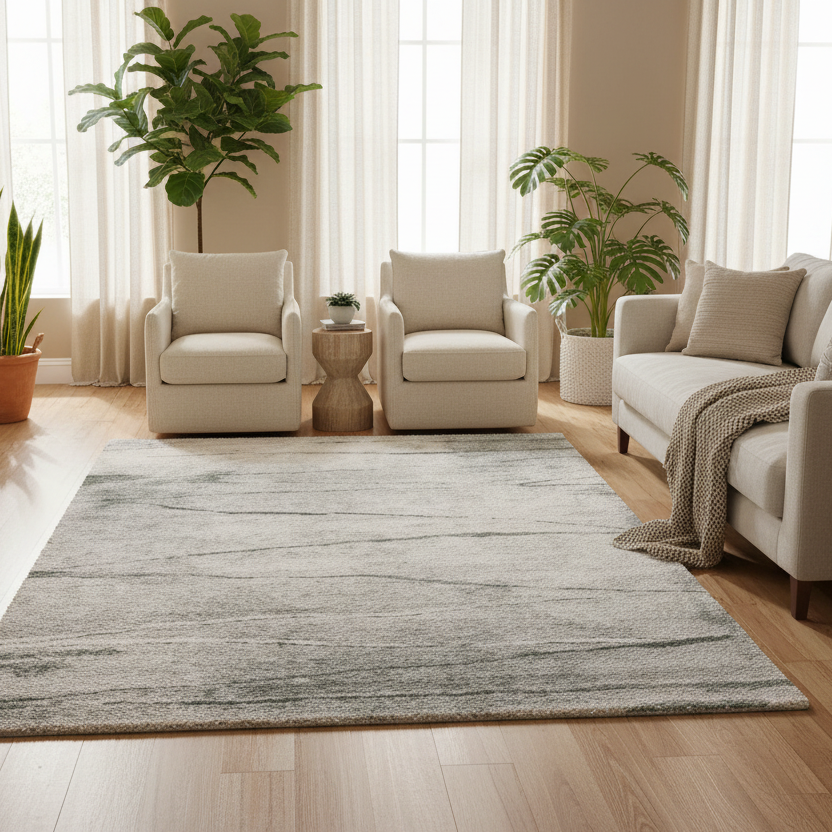 Gray textured area rug on a white background
