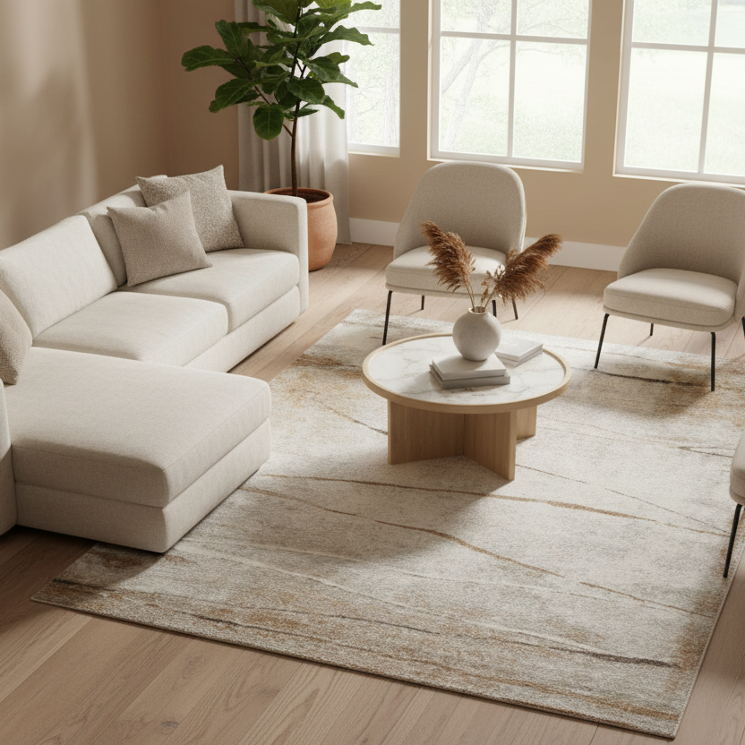 Rug with abstract brown and beige pattern on a white background