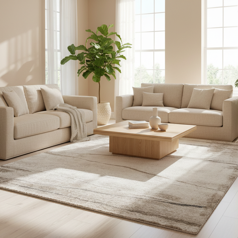 Gray and white abstract patterned rug on a white background