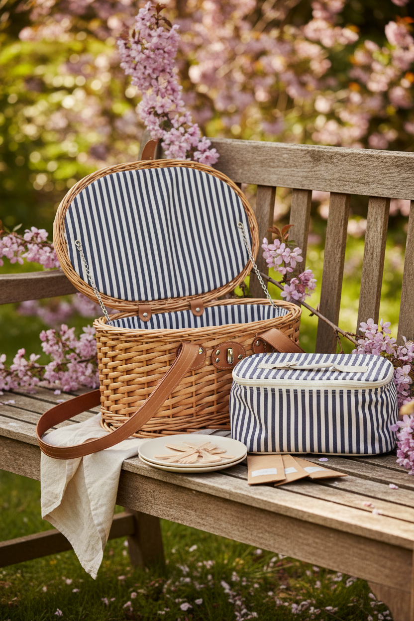 Ivory Picnic Basket  Set with Cooler Box and wooden cutlery