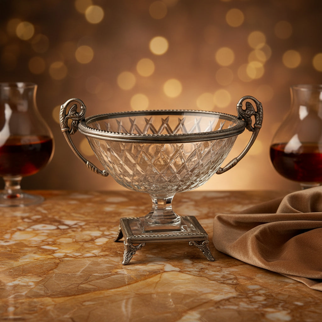 Decorative glass bowl with metal handles and base on a light gray background
