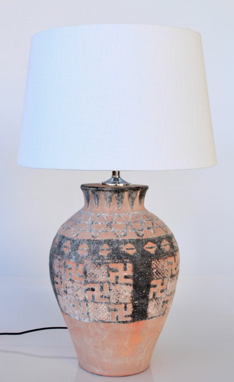 Distressed Brown Tribal Lamp Base Off White Shade