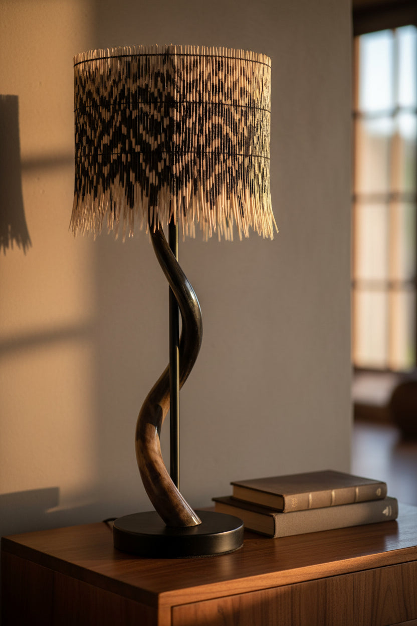 Black Polished Kudu Horn Lamp with Quill Drum Shade - NetDécor 