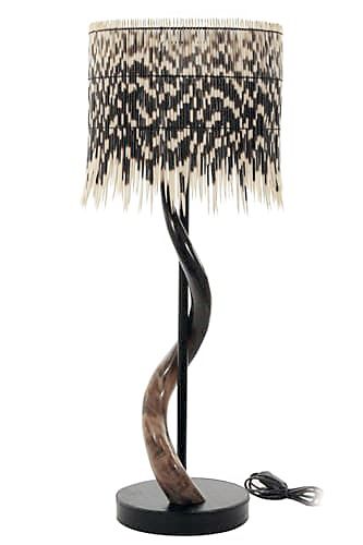 Black Polished Kudu Horn Lamp with Quill Drum Shade - NetDécor 
