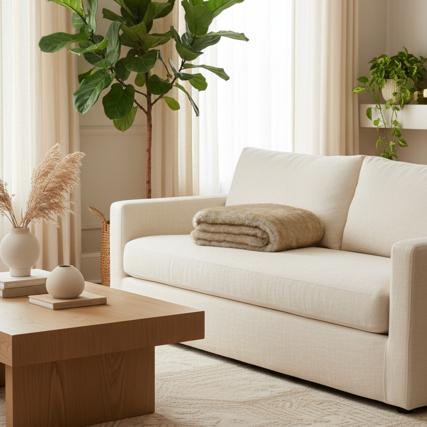 Folded beige blanket on a white background