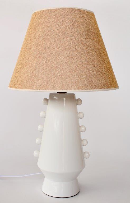 White Bobbles on Side Ceramic Lamp Base with Beige Shade
