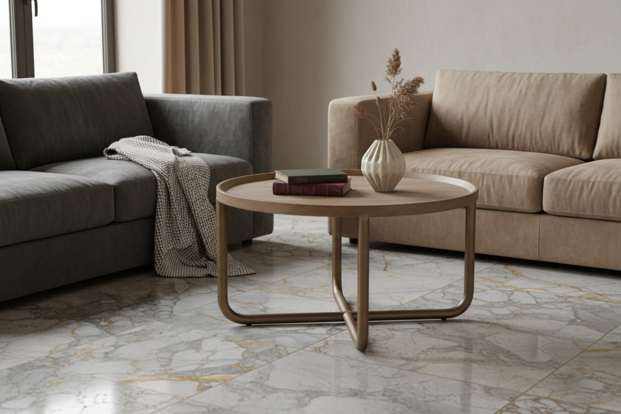 Wooden coffee table with a round top and X-shaped base on a white background