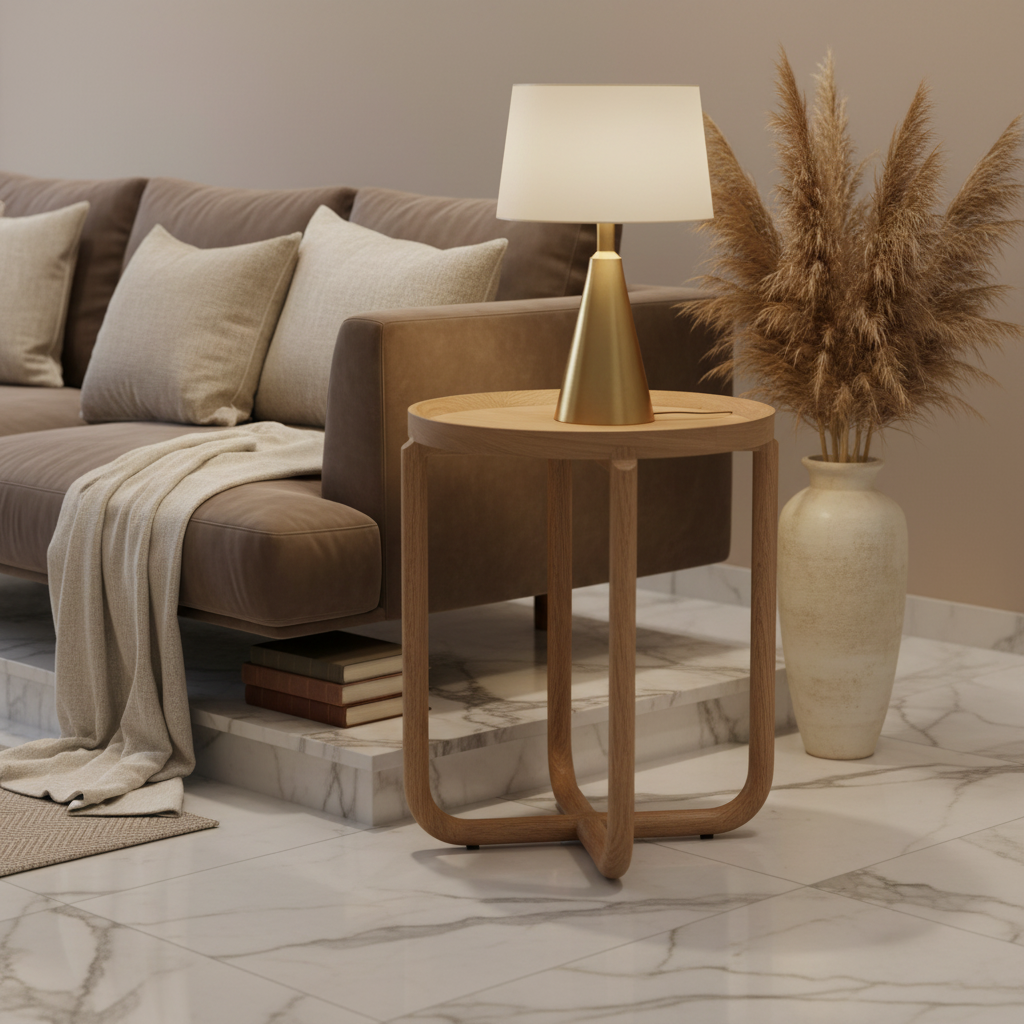 Wooden side table with a round top and twisted legs on a white background