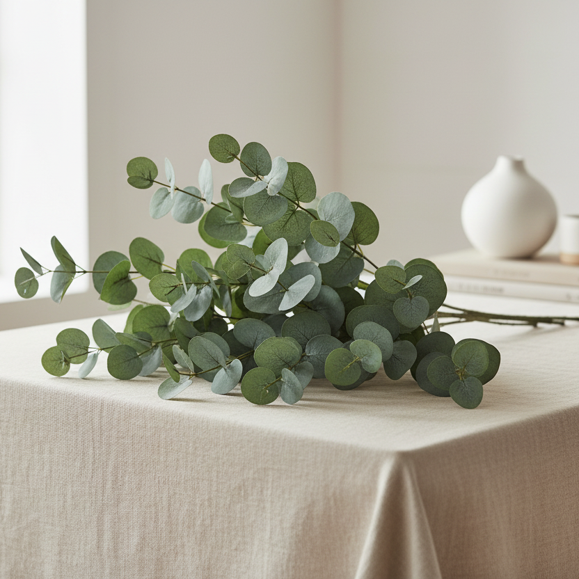 A single eucalyptus spray branch with green oval leaves on a thin stem, shown on a white background next to product text reading '474 Eucalyptus Spray 28.5"/72cm Grey Green' and 