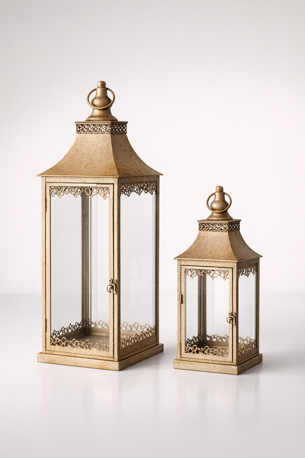 Set Of 2 Metal & Glass Lanterns